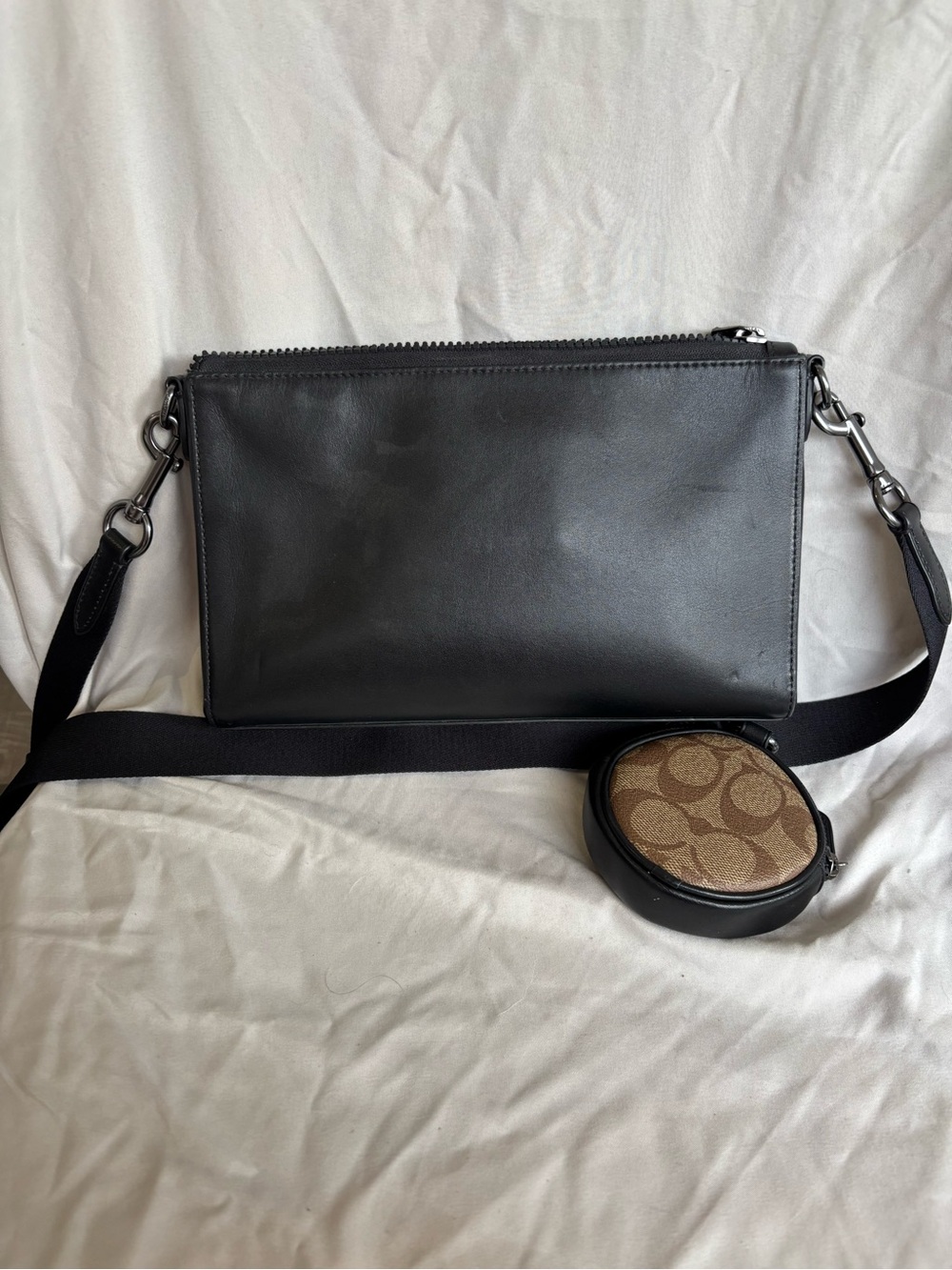 Coach Black Leather Messenger Bag with Signature Canvas Coin Pouch